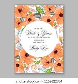 Peach Anemona wedding invitation card template vector floral background