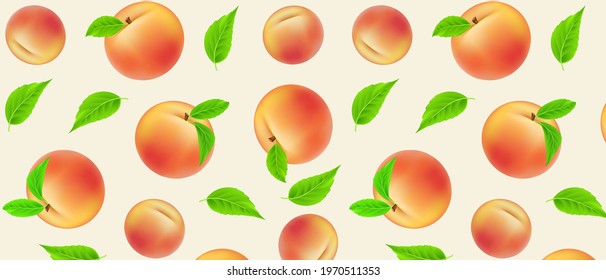 Peach, apricot or apple vector  pattern. Fruits with green leaves. Trendy hand drawn textures. Summer tropical background. Modern design for wrapping paper, cover, packaging, interior decor. EPS10