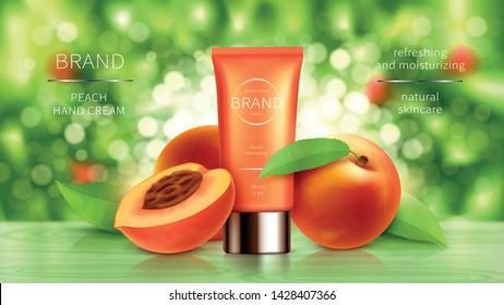 Peach or apricot cosmetics realistic vector background. Tube with cosmetic skin care cream or scrub, whole and sliced ripe orange fruit and green leaves on natural background with sunshine, ads poster