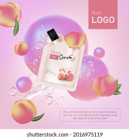 Peach or apricot cosmetics realistic vector background.serum Tube with cosmetic skin care gel cream or scrub, whole and orange fruit and green leaves on pastel background, ads poster