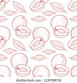 Peach. Apricot. Fruit and leaves. Sketch. Monochrome. Background, wallpaper, seamless. Can be used on packaging.