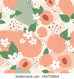 Peach or apricot fruit seamless pattern design set, summer peachy trendy botany texture