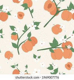 Peach or apricot fruit seamless pattern design vector illustration set. Cartoon summer peachy trendy botany texture with whole and half orange peach, nectarine branch, green leaves and white flowers