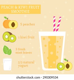 Peach (apricot) and kiwi fruit smoothie recipe. Menu element for cafe or restaurant with energetic fresh drink made in flat style. For healthy life. Organic raw shake. Vector illustration