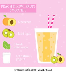 Peach (apricot) and kiwi fruit smoothie recipe. Menu element for cafe or restaurant with energetic fresh drink made in flat style. For healthy life. Organic raw shake. Vector illustration