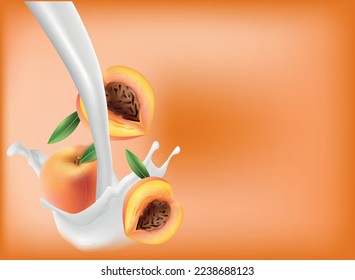 Peach apricot in milk or yogurt. Fresh fruits fall into milk. 3d realistic vector illustration isolated