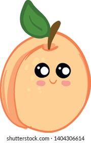 A peach apricot with one leaf on its head. It has a face with black and white eyes, pink cheeks and peach lips that is smiling., vector, color drawing or illustration. 
