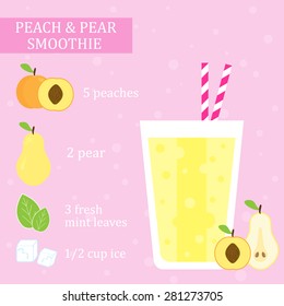 Peach (apricot) and pear smoothie recipe. Menu element for cafe or restaurant with energetic fresh drink made in flat style. For healthy life. Organic raw shake. Vector illustration