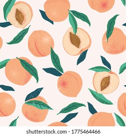 Peach or apricot seamless pattern. Hand drawn fruit and sliced pieces. Summer tropical endless background. Vector fruit design for label, fabric, packaging.