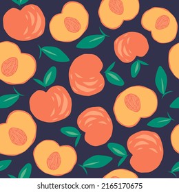Patrón transparente de albaricoque o albaricoque. Frutos dibujados a mano y trozos cortados. El fondo veraniego tropical interminable. Diseño de frutos vectoriales para etiquetas, tejidos y embalajes