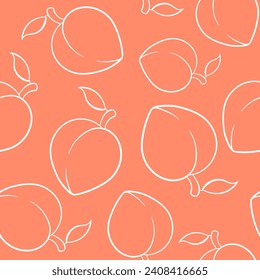 Peach or apricot seamless pattern in line art style. Summer tropical endless design for label, fabric, packaging. Vector illustration on a peach background.