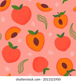 Peach or apricot seamless pattern on pink background with flower hand drawn elements, summer fruit ornate