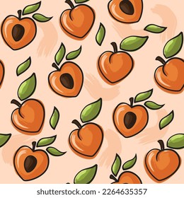 Peach or apricot seamless pattern. Vector drawn fruit and sliced pieces shaped like a heart. Summer tropical endless background. Vector fruit design for label, fabric, packaging.