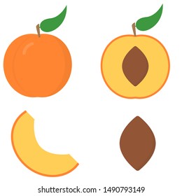 Peach apricot tree slices fruit half icons set. Flat illustration isolated on white background
