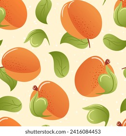 Peach, apricots summer seamless pattern in minimalistic style. Tropical exotic fruits, leaves. Healthy food. For menu, cafe, wallpaper, fabric, wrapping background