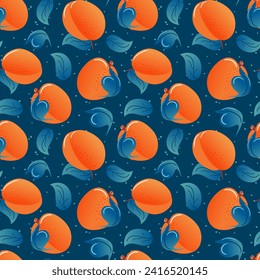 Peach, apricots summer seamless pattern in minimalistic style. Tropical exotic fruits, leaves. Healthy food. For menu, cafe, wallpaper, fabric, wrapping background