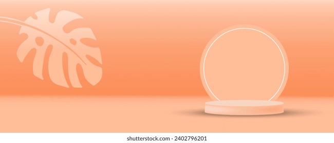 Peach background in 2024 color with platform to show product and monster leaf. Peach Fuzz color. Vector illustration. Gradient blurred background with copy space. Podium with pastel peach color. Immagine vettoriale stock