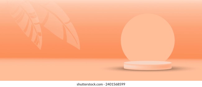 Peach background in 2024 color with Podium object and leaves. Peach Fuzz color. Vector illustration. Gradient blurred background with copy space. Cylinder pedestal podium with pastel peach color