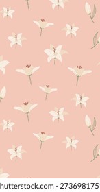 Peach background with a floral pattern. The background features white lilies, creating a soft and elegant peach background texture. Background design with copy space vector.