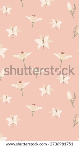 Peach background with a floral pattern. The background features white lilies, creating a soft and elegant peach background texture. Background design with copy space vector.