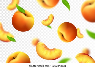 Peach background. Flying whole and slices of peach with blurry effect. Can be used for wallpaper, banner, poster, print. Realistic 3d vector design