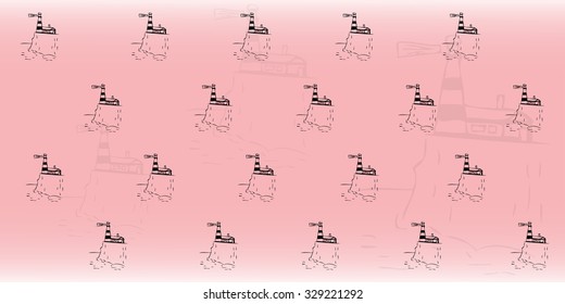 Peach background with a pattern in the style of the sketch. Lighthouse. Vector illustration.