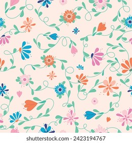 A peach background is scattered with vines connecting flowers made of teardrop shapes creating a seamless vector repeat pattern design.