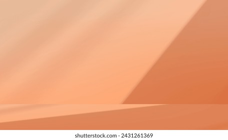 Peach Background Studio with shadow,light on Podium Display for Product present,Backdrop Kitchen Concrete Room with Sunlight reflection on Orange Table top,Vector Banner for Spring,Summer,Autumn