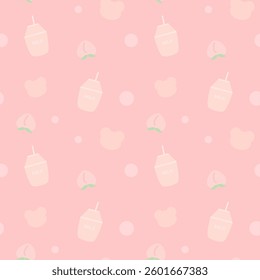 Peach, Bear, Milk on pink background, Fabric pattern, Wrapping paper pattern, Seamless pattern