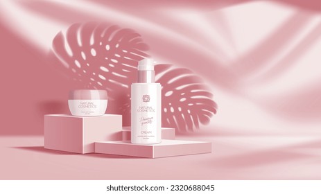 Peach or beige podium mockup with cosmetics, beauty products ad banner. Vector 3d cream bottle and jar on display stand, stage or pedestal with tropical monstera leaves shadow, skincare cosmetics