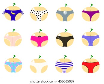 Peach in bikini vector illustration. Funny paper design or product package. Summer fruit icon or logo. Set of peaches in panties - striped, dotted, bunny tale,white, black. Underwear collection