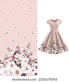 Peach blossom and bird border pattern on pastel background. Elegant and gentle pattern. Suitable for printing on dresses, the pattern runs from bottom to top.