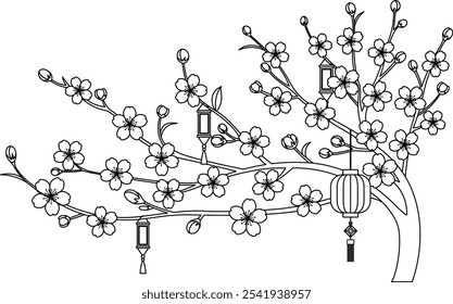 Peach Blossom Branch and Lantern Decoration For New Year Holiday coloring page. China lunar new year illustration