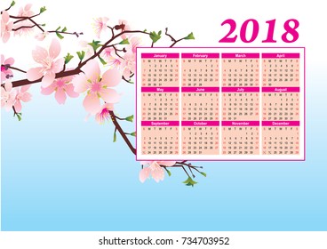 peach blossom calendar 2018 year on blue sky background