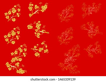 Peach blossom flower set for printing or sticker on background.Sakura vector on red background.