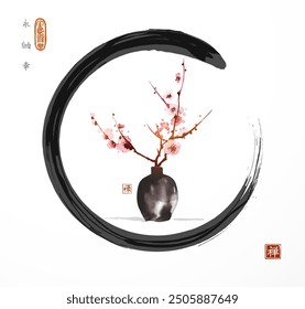 Pfirsichblüte in alter Vase. Traditionelle minimalistische japanische Tusche waschen Gemälde sumi-e. Hieroglyphen - Ewigkeit, Freiheit, Glück, Zen.