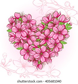 Peach blossom in the shape of heart. Decorative floral illustration of spring flowers
