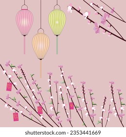 Pfirsichblüten blühen im Frühling. Laterne. Neujahrskarten. Drucken, Cover-Buch, Kalender, Vorlage... einfach, sanft und traditionell