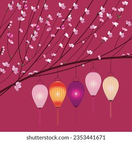 Peach blossoms bloom in spring. Lantern. New Year greeting cards. Print, cover book, calendar, template... simple, gentle and traditional