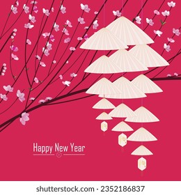 Peach blossoms bloom in spring. This design inspired by conical hat which is traditional hat Vietnamese. It made for New Year greeting cards and greeting card. Book cover. Notecard.
