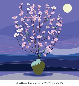 Peach blossoms under the moonlight. Lunar new year. 