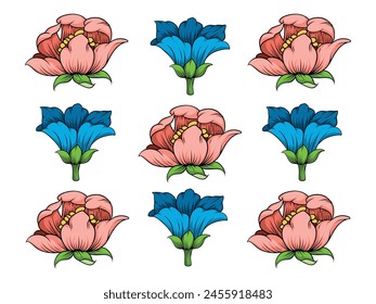 Peach and blue color flower pattern illustration isolated white background