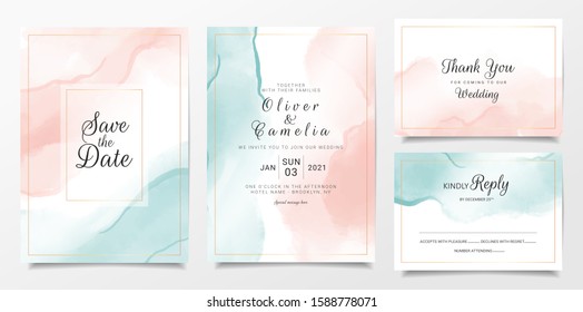 Peach and blue watercolor wedding invitation card template set with gold line decoration. Abstract background save the date, invitation, greeting card, multi-purpose vector