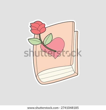 Peach book sticker with a red rose and heart icon. Suitable for romance novels, wedding planning, Valentine’s Day graphics, or poetry collections