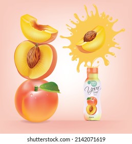 Peach bottle design with peach juice splashes.illustration vector