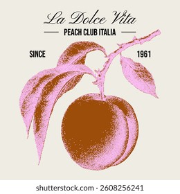 Peach branch harvest. Italian vector illustration for t-shirt print, invitations, menus, greeting cards with text slogan. Dotted texture mediterranean summer halftone clipart. Dolce vita aesthetics.