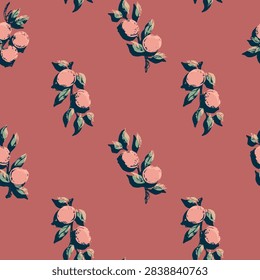 Peach branch vector pattern, seamless design, reddish pink background, textile