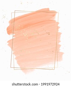 Peach brush paint creative background with golden frame and golden dust over. Isolated. Vector banner.