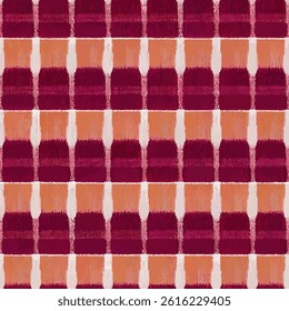 Peach and burgundy checkered pattern, grunge lines ikat pattern, striped seamless pattern, Vector illustration background for print the paper.
