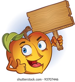 Peach Cartoon Character Holding A Wooden Sign